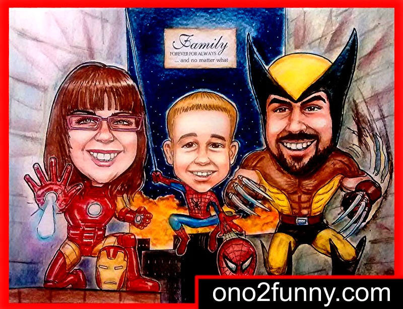 
 Toronto caricatures artist Pat Popular ono2funny family superheroes